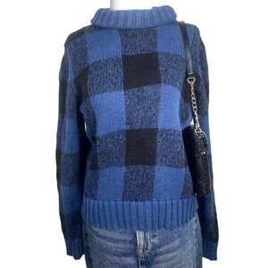 Y2K Checkered Knit Sweater Womens Small Blue Black Preppy Retro Turtleneck